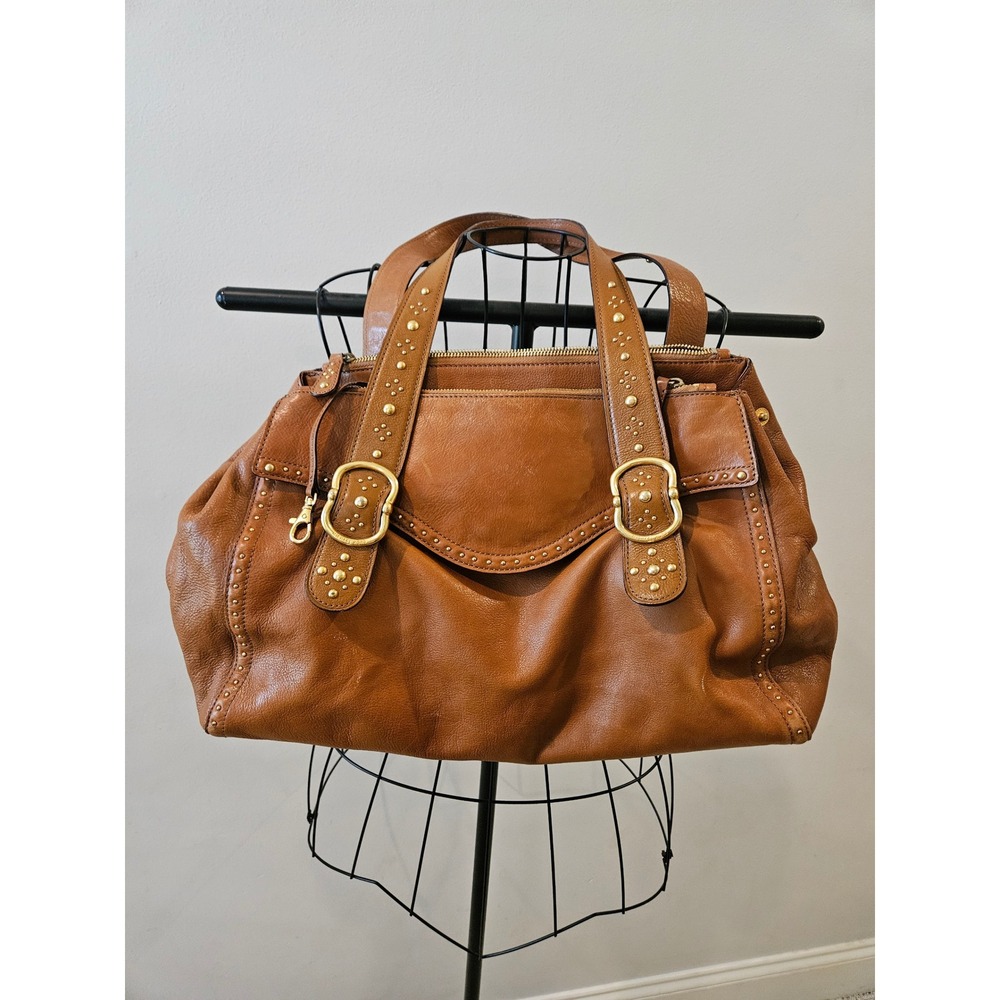 Michael Kors Brown Leather Studded Shoulder Bag Satchel Gold Large - Picture 1 of 12